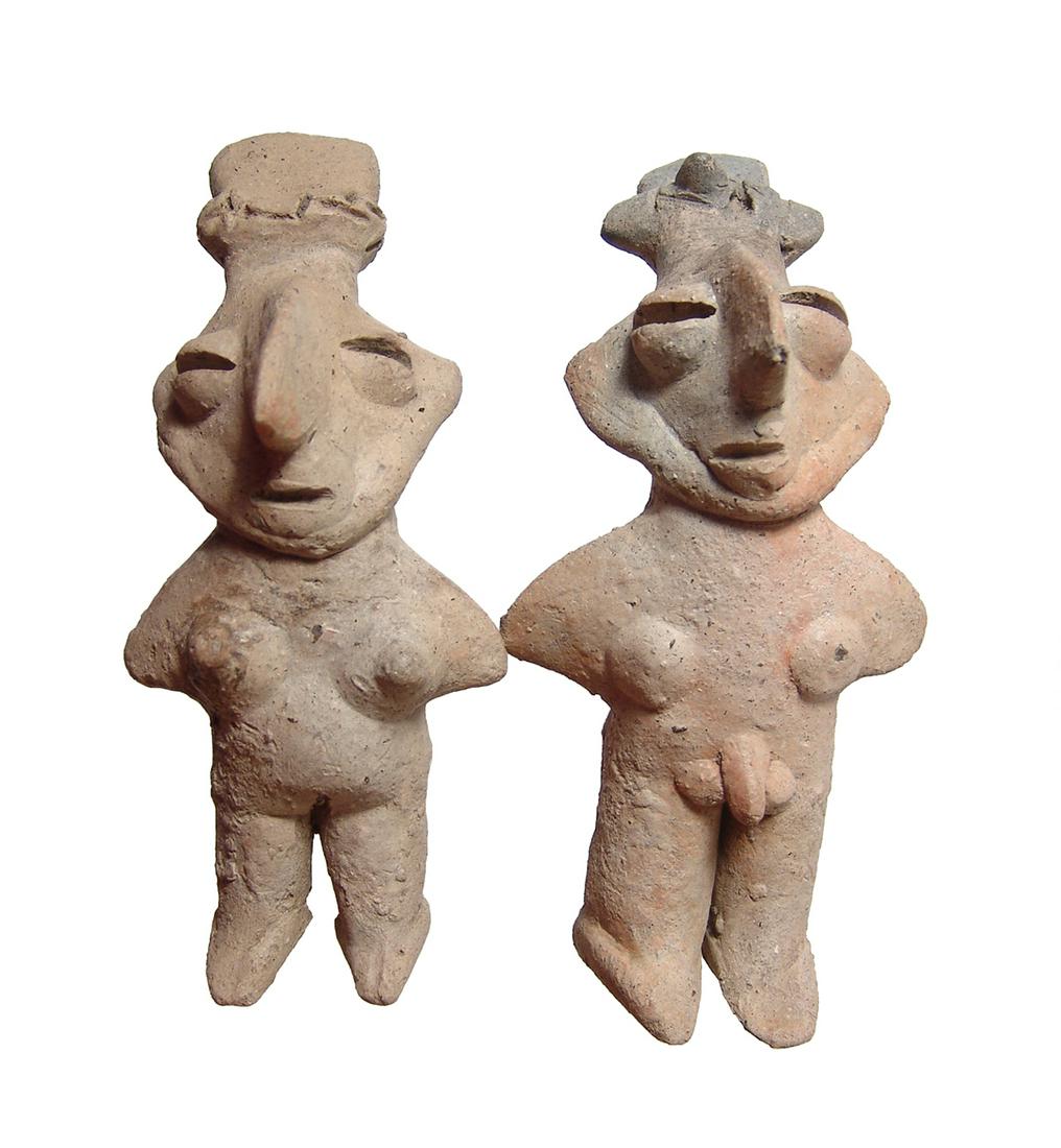 Jalisco matched pair of figures, West Mexico: A Jalisco matched pair of figures, West Mexico, c. 100 BC - AD 250, rare to find paired so nicely, each grey-slipped and depicted nude wearing tall headdress. Each figure is nicely modelled with bulgi