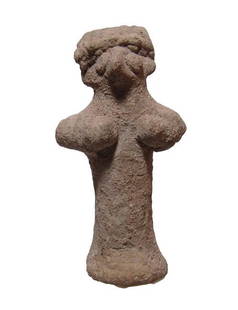 Nice terracotta votive figurine, Eastern Mediterranean: A nice terracotta votive figurine, Eastern Mediterranean, c. 1500 - 1000 BC, perhaps depicting Astarte, with columnar body and flared foot. The head is nicely detailed wearing an intricate headdress,