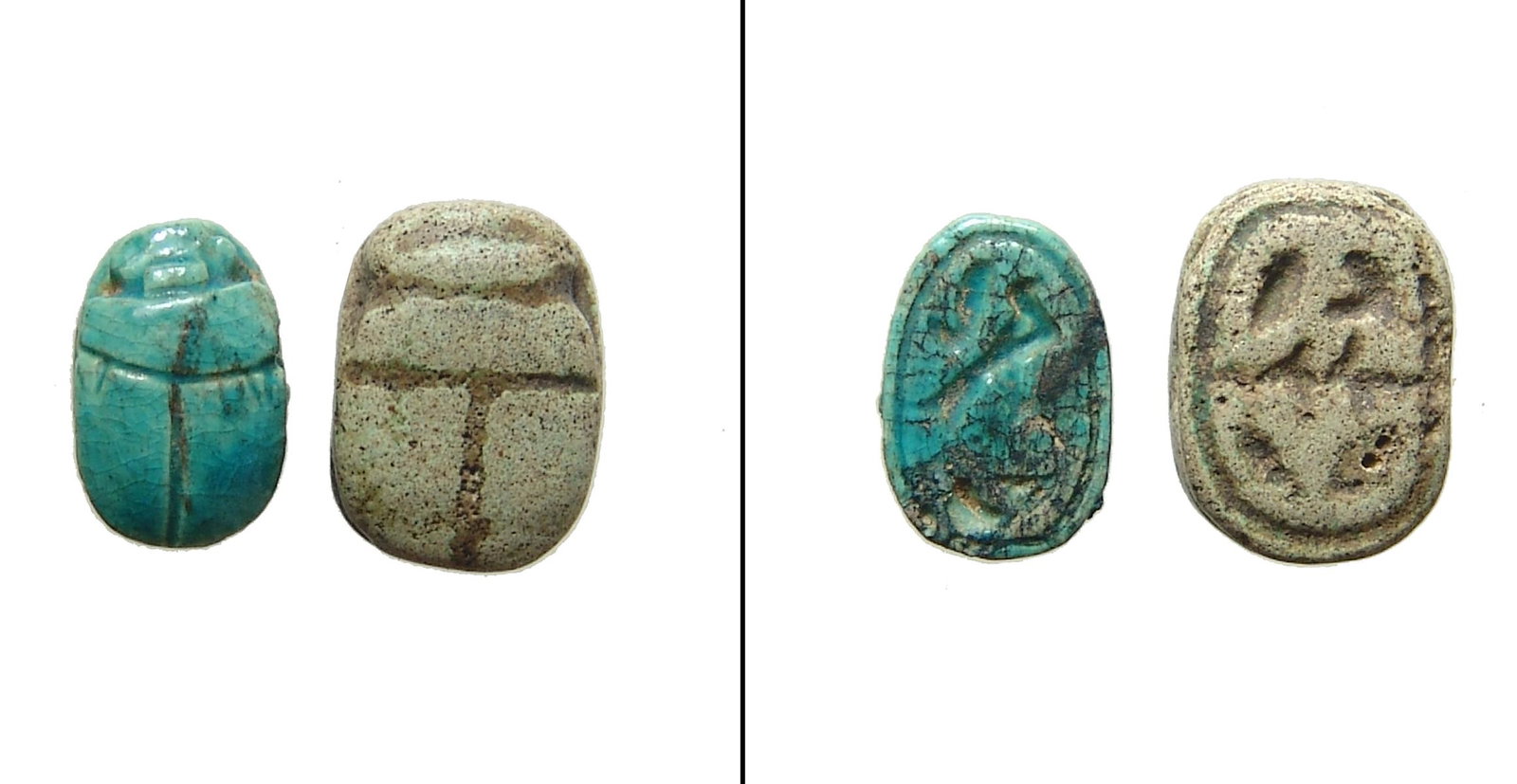 A pair of small Egyptian faience scarabs: A pair of small Egyptian faience scarabs, 3rd Intermediate - Late Period, c. 1075 - 332 BC. The first is a small steatite scarab with a Horus falcon on the base, (10.5 x 7 mm), the second a Pseudo-sca