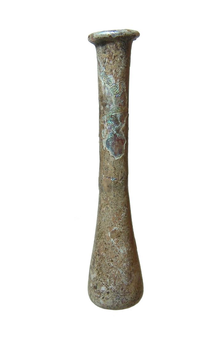 A nice Roman glass tall necked vial: A nice Roman glass tall necked vial, 1st - 2nd Century AD, a cosmetic or medicinal bottle in pale yellow glass, the body with lightly indented bottom and slender tubular neck with wide mouth and inwar