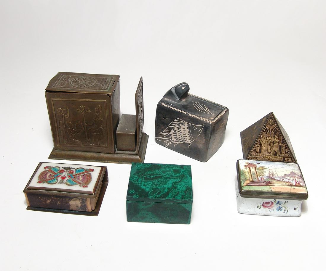 A group of 6 antique boxes and pyramid: A group of 6 antique boxes and pyramid. Lot includes a malachite box, an enameled match box holder, an antique painted porcelain snuff box with a lovely pastoral scene with ancient ruins, an African s