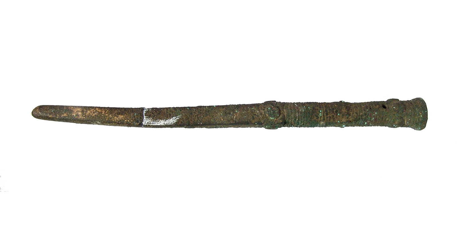 A Near Eastern bronze spear butt: A Near Eastern bronze spear butt, c. 1000 - 600 BC, with tapered square profile, the mounting shaft circular in profile with ribbing and circular decoration; ,two rivet holes for mounting to shaft nea