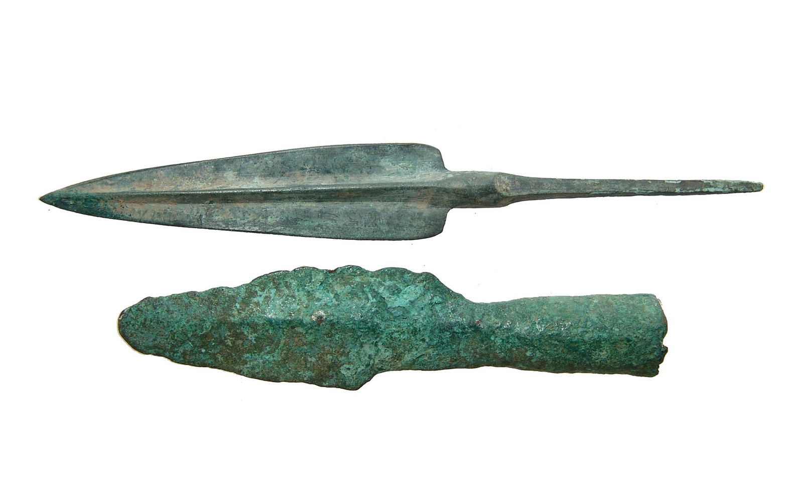 A pair of Near Eastern bronze weapon points: A pair of Near Eastern bronze weapon points, c. 1000 - 600 BC, the first with slender blade and pronounced midrib extending to long tang, L: 5 3/8 in (13.7 cm), the second with shorter blade and cuff 