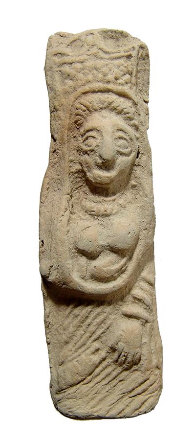 A beautiful terracotta fertility figure, Syria - Levant: A beautiful terracotta fertility figure, Syria - Levant, c. 1000 - 600 BC, her features lovely and wearing an elaborate headdress, beaded necklace, earrings and bracelets, her gown opened to expose he