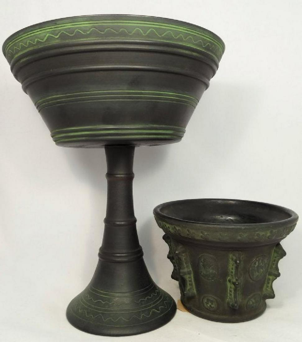 2 composite Alva museum replicas of ancient pottery: A lot of 2 composite Alva museum replicas of ancient pottery. The first is a decorative mortar, the original may have been Italian Renaissance, H: 4 1/8 in (10.5cm), D: 6 1/8 in (15.5cm). It is marked