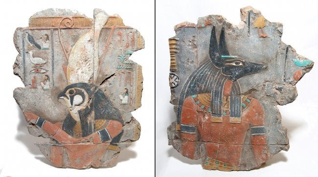 A pair of attractive Richard Paul Gailey wall hangings: A pair of attractive Richard Paul Gailey painted hydrostone wall hangings depicting Anubis and Horus with various glyphs in the fashion of Egyptian tomb reliefs. Ready to mount. 21 in x 17 1/4 in & 20