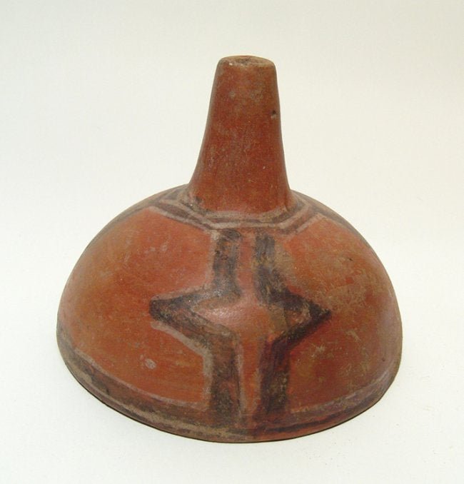 A lovely Costa Rican ceramic funnel: A lovely Costa Rican ceramic funnel, c. 200 BC - AD 200, Rosales style zoned bi-chrome, the painted decoration in dark brown and white slip contrasting nicely with the orange. Light surface deposits t