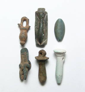 Wonderful Egyptian stone and faience amulets: A wonderful group of 6 Egyptian stone and faience amulets, Late Period, c. 664 - 30 BC, and include a bronze double-Osiris amulet, a bronze amulet of a sistrum, a faience scaraboid, and three papyrus