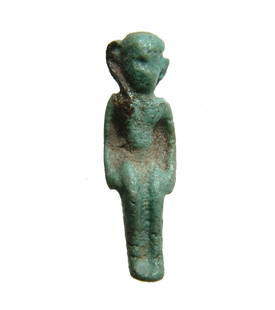 Egyptian faience amulet of Harpokrates, Late Period: A nice Egyptian faience amulet of Harpokrates, Late Period, c. 664 - 30 BC, depicted seated with hands at sides; the sidelock retaining its original black color. H: 4 cm. Small horizontally aligned