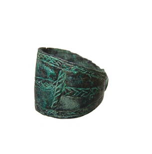 A Near Eastern bronze cuffed band: A Near Eastern bronze cuffed band, c. 1000 - 600 BC, perhaps a baby's cuff bracelet or a hair band, the outer surfaces nicely decorated with incised lines. 3.5 x 3 cm. Nice patina. Ex Peter Cheremisin