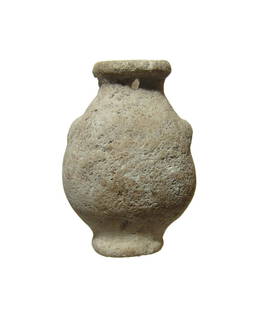 Egyptian limestone cosmetic vessel, Late Period: An Egyptian limestone cosmetic vessel, Late Period, c. 664 - 30 BC, the body ovoid with rounded foot, vestigial lug handle and a short neck with flat rim. H: 2 in (5 cm). Light weathering and deposits