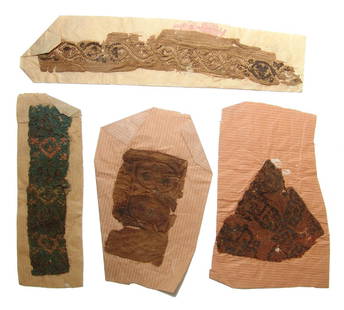 A group of 4 Coptic textile fragments, Egypt: A group of 4 Coptic textile fragments, Egypt, c. 5th - 10th Century AD, and include colorful strips with floral and geometric devices, all mounted to a paper backing. Largest textile itself measures 7