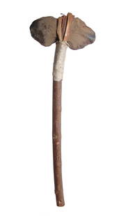 An interesting stone axe with handle: An interesting stone axe with handle. The stone axe is from North Africa and may well be prehistoric. It is set with a more modern wicker mount and hide onto a shaft fashioned from a tree branch. 13