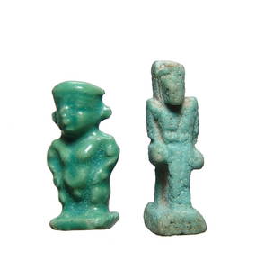 Nice pair of Egyptian faience amulets, Ptolemaic Period: A nice pair of Egyptian faience amulets, Ptolemaic Period, c. 332 - 30 BC, the first a detailed blue-green faience amulet of the dwarf deity Pataikos, double-sided and depicted nude with hands at his