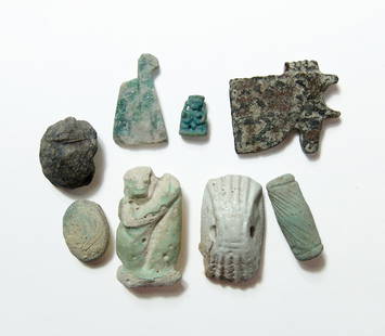 A lot of Egyptian & Near Eastern objects: A lot of Egyptian & Near Eastern objects. Lot includes 5 Egyptian amulets and scarabs from the Late - Ptolemaic Period, c. 664 - 30 BC, an amulet of double ostrich plumes in a green speckled stone,