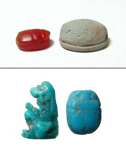 A lot of 3 Egyptian scarabs and an inlay: A lot of 3 Egyptian scarabs and an inlay. Lot includes a pair of Egyptian scarabs, New Kingdom, c. 1570 - 1075 BC, the first a lovely carnelian example carved in nice quality stone with an incised