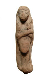 Egyptian Late New Kingdom terracotta Reis ushabti: An Egyptian Late New Kingdom terracotta Reis ushabti, c. 1292 - 1075 BC, details in black and with traces of one column of Hieratic inscription. L: 6 1/4 in (15.9 cm). Ex Royal Athena Galleries, New