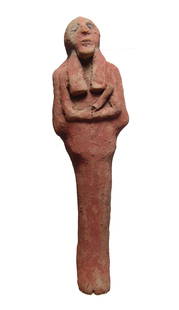 Large Egyptian terracotta ushabti, Late New Kingdom: A large Egyptian terracotta ushabti, Late New Kingdom, c. 1200 - 1075 BC, a style found in the Egyptian territories of the Levante. Depicted mummiform, wearing tripartite wig, arms folded over chest.