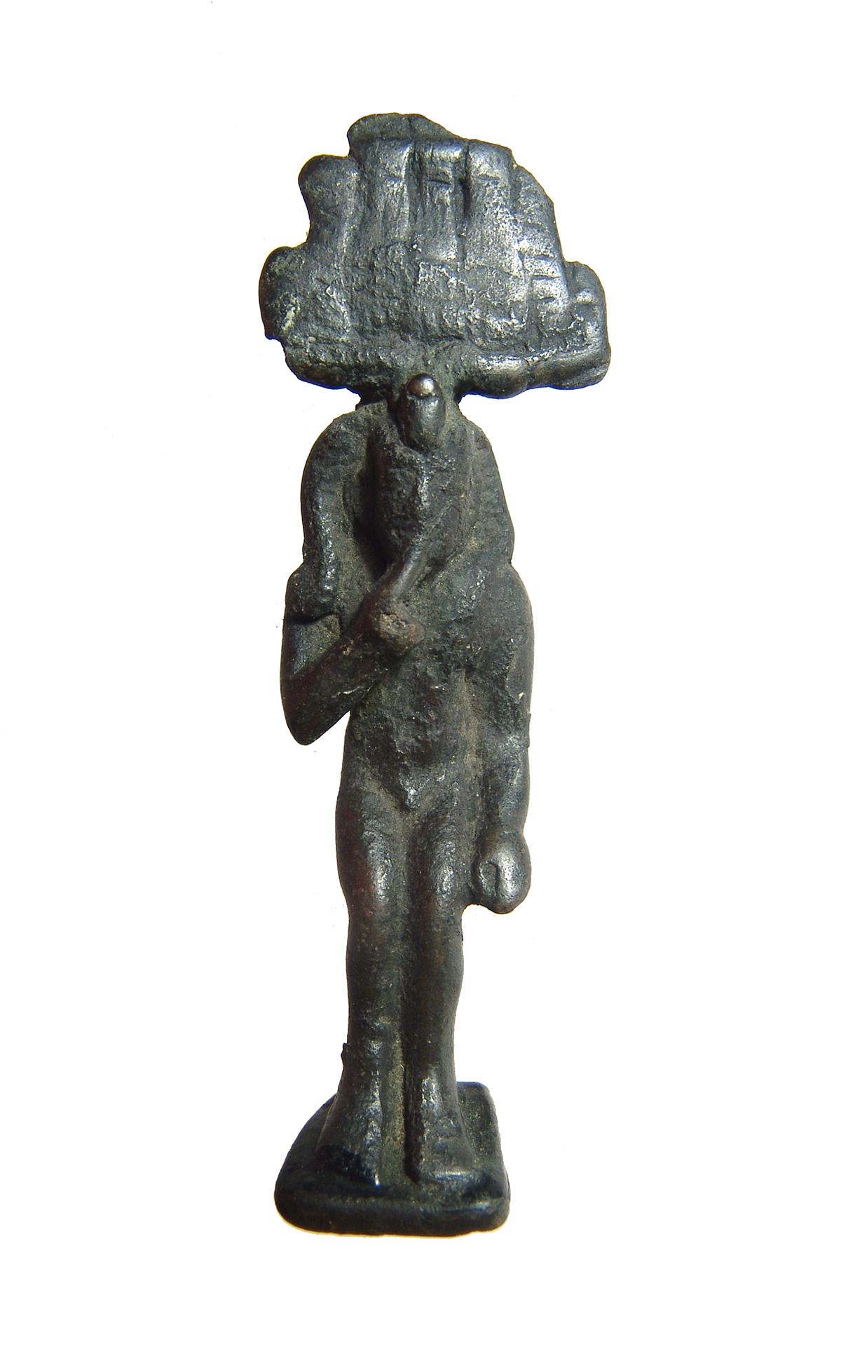 Egyptian bronze figure of Harpokrates, Late Period: An Egyptian bronze figure of Harpokrates, Late Period, c. 664 - 332 BC, depicted nude, wearing triple uraei headdress and side-lock, right finger pressed to his lips. His feet rest on a flat integral 