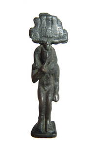 Egyptian bronze figure of Harpokrates, Late Period: An Egyptian bronze figure of Harpokrates, Late Period, c. 664 - 332 BC, depicted nude, wearing triple uraei headdress and side-lock, right finger pressed to his lips. His feet rest on a flat integral