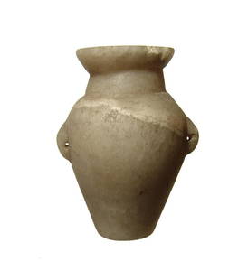 An attractive Egyptian alabaster jar, Late Period: An attractive Egyptian alabaster jar, Late Period, c. 664 - 332 BC, the body ovoid with flattened base, the neck short with wide, flat rim. At side are small vertically aligned lug handles. H: 2 3/8