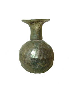 Roman pale yellow sprinkler flask, Eastern: A Roman pale yellow sprinkler flask, Eastern Mediterranean, 2nd - 3rd Century AD, the body molded with four horizontal bands containing a herringbone pattern in low relief. The cylindrical neck is con