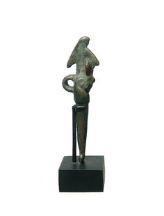 A rare Egyptian bronze Harpoon of Horus pendant: A rare Egyptian bronze Harpoon of Horus pendant, 3rd Intermediate to Late Period, c. 1075 - 332 BC, with detailed head of a falcon wearing tripartite wig surmounted by the blade of a harpoon, the