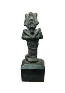 A nice little Egyptian bronze figure of Osiris: A nice little Egyptian bronze figure of Osiris, Late Period, c. 664 - 332 BC, depicted mummiform, wearing Atef crown with uraeus and false beard. Arms are folded at chest and he clutches a crook and