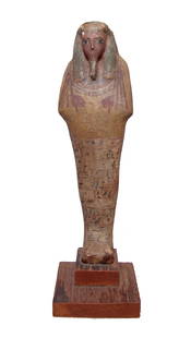 Egyptian cartonnage over wood Ptah-Sokar-Osiris: A handsome Egyptian cartonnage over wood Ptah-Sokar-Osiris, c. 764 - 332 BC, perhaps representing the deceased rather than the deity himself, depicted mummiform, wearing tripartite headdress and