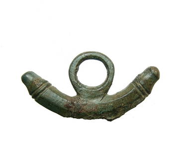 Large Roman bronze double side phallic amulet: A large Roman bronze double side phallic amulet, c. 1st - 3rd Century AD, with large suspension loop and attractive patination. 1 1/2 x 2 7/8 in (3.8 x 7.3 cm). Ex AESN Numismatics, Vienna; Ex Swiss