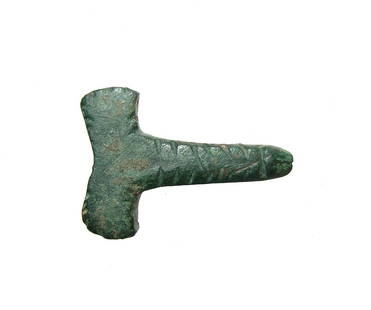 Roman bronze applique in the form of a phallus: A Roman bronze applique in the form of a phallus, 1st - 3rd Century AD, of solid construction with incised detail. 4.3 x 3 cm. Dark olive green patina. Ex Swiss private collection.