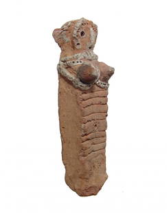 A Near Eastern terracotta fertility figure: A Near Eastern terracotta fertility figure, c. 1200 - 600 BC, the body rectangular with square profile, her face detailed with recessed eyes and prominent nose, her hair pulled back in rows to a