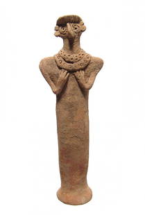 A nice Near Eastern terracotta Astarte figurine: A nice Near Eastern terracotta Astarte figurine, c. 1200 - 1000 BC, the columnar body with splayed foot, the head beautifully detailed with bird-like features - large eyes, pronounced nose and