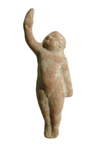 A Hellenistic terracotta figure of an Erote: A Hellenistic terracotta figure of an Erote, 2nd - 1st Century BC, perhaps from Myrina, depicted standing nude with short, curled hair, his gaze fixed toward a torch (?) he holds aloft with his right