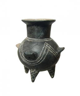 Choice Yortan black-ware vessel with rounded body: A choice Yortan black-ware vessel from Anatolia, Early Bronze Age II, c. 2700 - 2400 BC, the round body resting on three tapered feet, the neck tall with flared mouth and four lug handles. The vessel