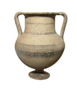 A nice banded Cypriot bichrome amphora: A nice banded Cypriot bichrome amphora, c. 750 - 600 BC, on pedestal foot and two strap handles, the decoration consists of horizontal banding in dark brown slip, a wide red band with narrow brown