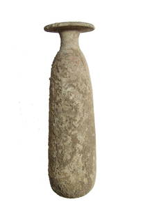 An attractive Greek ceramic alabastron: An attractive Greek ceramic alabastron, c. 6th - 5th Century BC, the body long and ovoid with rounded bottom, the neck short and narrow with wide flattened rim. H: 7 1/2 in (10.2 cm). Moderate