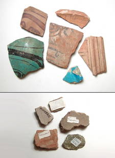 A group of ancient pottery fragments: A group of ancient pottery fragments, several noted as being from Elephantine and Anatolia. Lot includes four Coptic pottery sherds, c. 5th - 7th Century AD, with decoration in brown slip, a Glazed