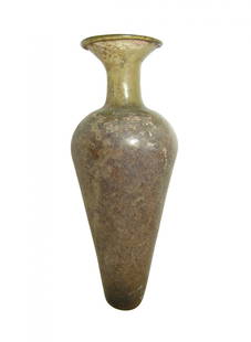 Large Roman green glass funnel-mouthed bottle: A large Roman green glass funnel-mouthed bottle, Eastern Mediterranean, 4th - 5th Century AD, the body tapering to a rounded point, the narrow neck with widely flared mouth with inward folded rim. H: