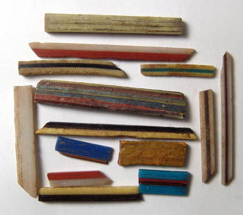 A lovely group of Hellenistic core glass rods: A lovely group of Hellenistic core glass rods, Eastern Mediterranean, c. 5th - 2nd Century BC, in colorful strips for making into vessels, jewelry or beads. Rarely encountered and quite attractive