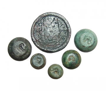 Group of 6 Late Roman - Byzantine bronze weights: A group of 6 Late Roman - Byzantine bronze weights. Lot includes a pair of 3 Scripula weights. c. 4th - 8th Century AD, with impressed gamma, (Both about Dia: 10 mm, 4.11g & 3.76g), a pair 12