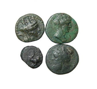 A group of 4 Greek bronze coins with antique labels: A group of 4 Greek bronze coins with antique labels. Group includes an AE-12 from the Lycian Dynast Perikle, c. 380 - 362 BC, a bronze AE-16 from Tyre in Phoenicia, c. 1st Century BC, a bronze AE-17