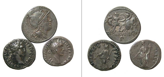 A group of 3 Roman silver coins: A group of 3 Roman silver coins. Lot includes a Republic Denarius of M. Servilius, 100 BC. Rome mint. (19.5 mm, 3.87g), with head of Roma and two warriors in a sword fight, horses behind. The second