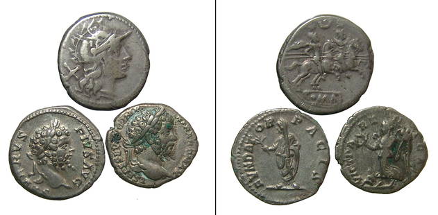 A group of 3 Roman silver coins: A group of 3 Roman silver coins. Lot includes a Republic Denarius from 207 BC from the Crescent series, (17.5 mm, 3.68g), with head of Roma and the Dioscuri riding rt. The other two are Denarii of the