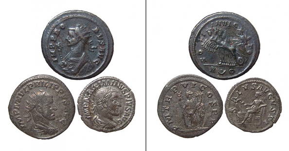 A lot of 3 ancient Roman bronze & silver coins: A lot of 3 ancient Roman bronze & silver coins. Lot includes a silver denarius of emperor Maximinus I, AD 235 - 238, with Salus seated on the reverse, Dia: (20 mm, 2.81g), the second is an