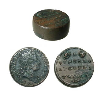 A brass John V three pound twelve coin weight: A brass John V three pound twelve coin weight, dated 1746. Use for Portuguese 8 Escudos of 'double Joe' and made in England. (Dia: 22 mm, thickness: 8.5 mm, 28.65g). In nice condition and a rarer