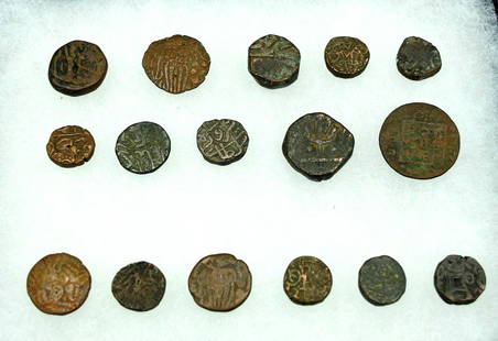 A lovely collection of 16 ancient coins: A lovely collection of 16 ancient coins, c. AD 600 - 800. All are nice bronze examples and primarily originated from what is now India and Pakistan. Nice patina come displayed in Riker mount. Ex