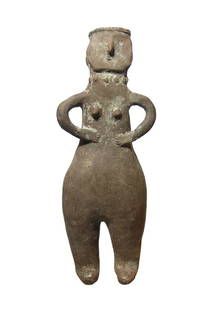 Amlash terracotta steatopygous female figural vessel: An Amlash terracotta steatopygous female figural vessel, early 1st Millennium BC, with exaggerated hips and curved arms with hands on belly bellow small breasts. The face is flat with vertical ridges