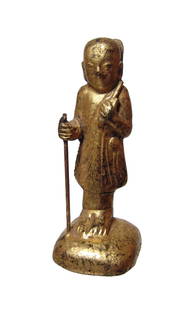 Gilded lacquered wood figure of Shin Thiwali (Sivali): A gilded lacquered wood figure of Shin Thiwali (Sivali), c. 19th Century, Mandalay Period, Burma/Myanmar. Shin Thiwali is an arhat of Theravada Buddhists, and a patron saint of travel and protector