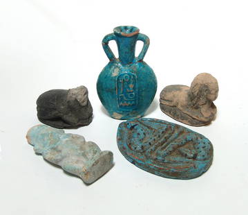 Group of 5 interesting Egyptian tourist-type replicas: A group of 5 interesting Egyptian tourist-type replicas. Lot includes a plaque with cartouche on one side and snake on other, a flask with cartouche of Ramesses II, a ceramic figure of Bes, and two